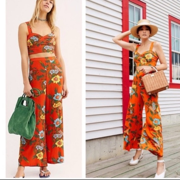 Free People Pants - Free People Floral Orange Red Floral Two-Piece Set
